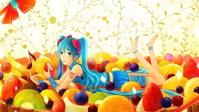 Hatsune Miku in a fruit cake