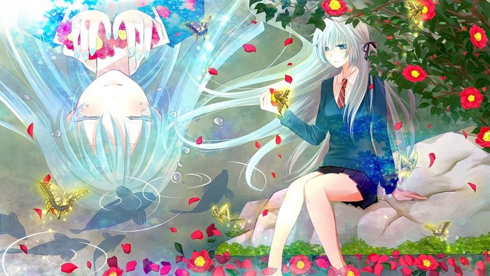 Anime girls with butterflies and flowers by a pond