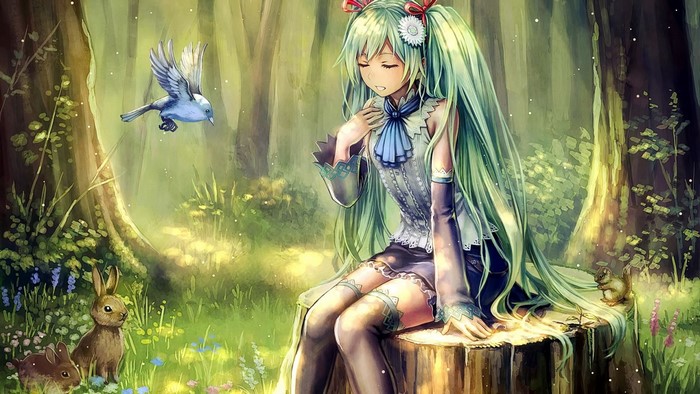 Hatsune Miku in a forest with animals