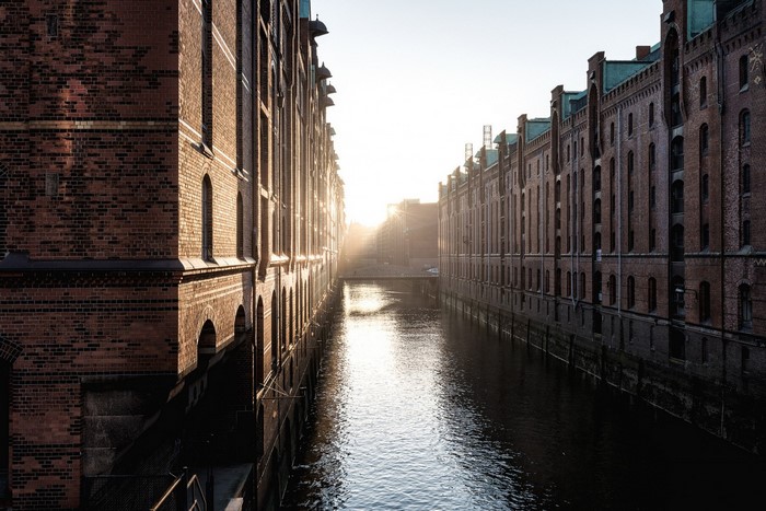 Speicherstadt Hamburg canal at sunrise