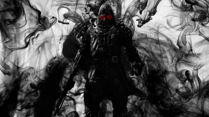Dark figure with red eyes and rifle surrounded by smoke