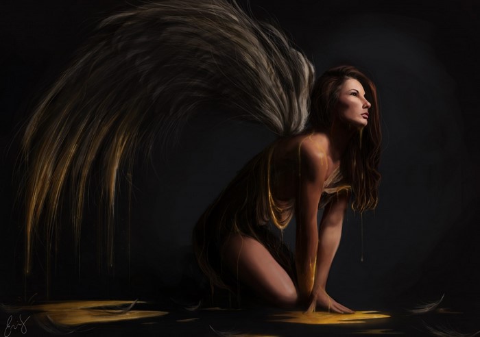 Angel with golden drips on dark background