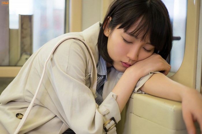 Riho Yoshioka sleeping on a train