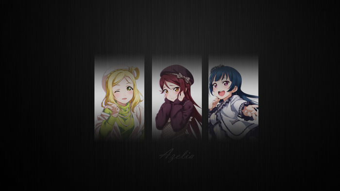 Three girls from Love Live in a dark setting