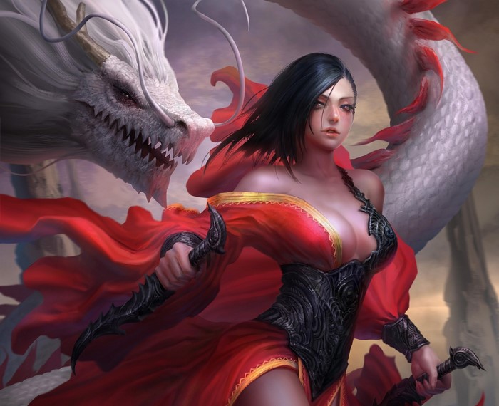 Woman warrior with dragon and swords