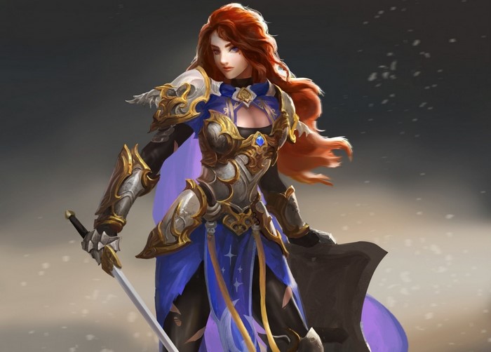 Fantasy warrior woman with red hair and sword