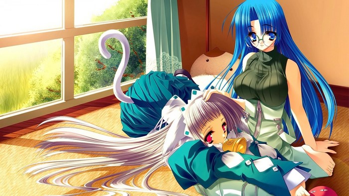 Two anime girls with long hair, one with blue hair and glasses, the other with white hair