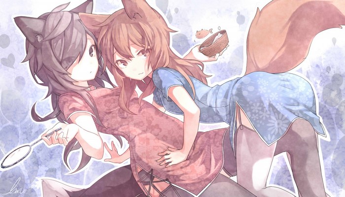Two anime fox girls in Chinese dresses