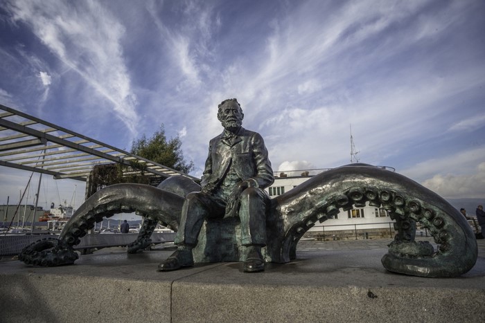 Statue of Jules Verne with Octopus in Vigo, Spain