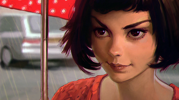 Woman with short dark hair under a red umbrella