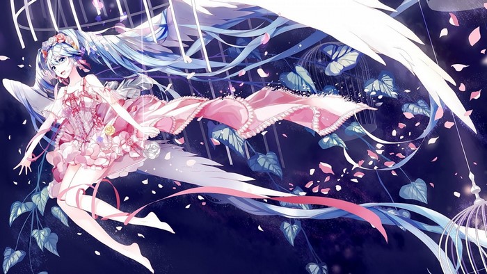 Hatsune Miku from Vocaloid with wings and flowers