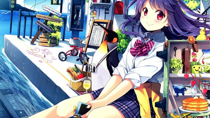 Anime girl with purple hair and penguin by the water