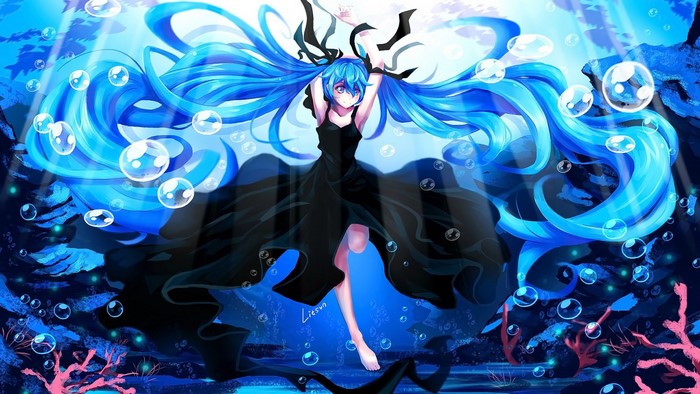 Hatsune Miku from Vocaloid underwater with long aqua hair