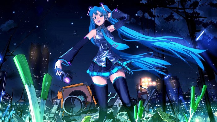 Hatsune Miku from Vocaloid in a city at night
