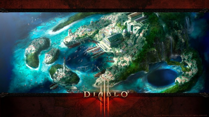 Diablo III game art of a coastal city with a harbor