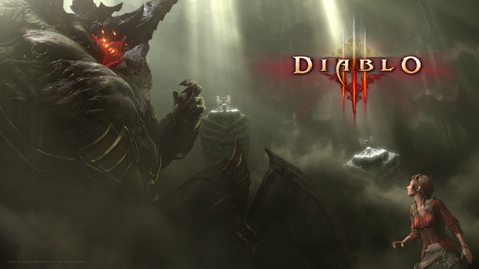Diablo III: Azmodan and Leah in a dark, cloudy environment