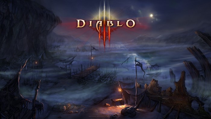 Diablo III title screen over a foggy swamp with tents