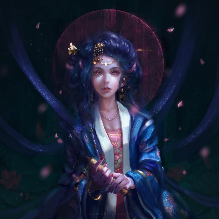 Fantasy art of a woman in blue robes