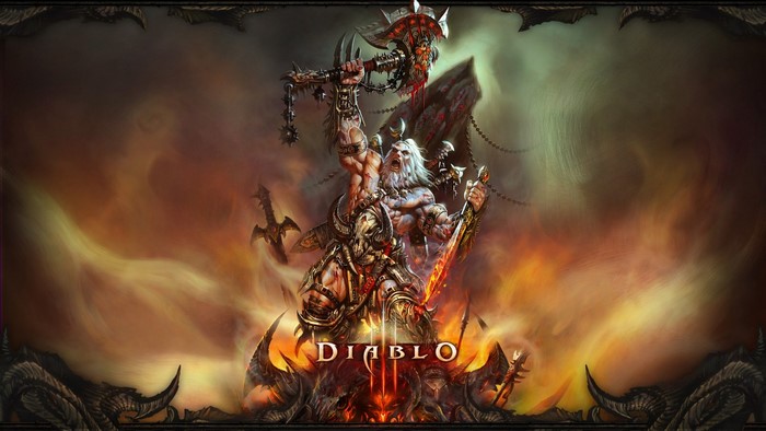 Barbarian from Diablo III holding weapons