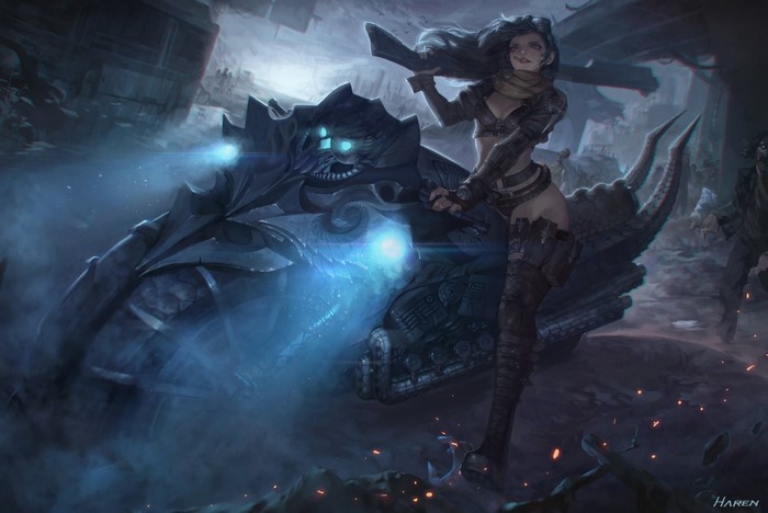 Woman riding a futuristic creature in a desolate landscape