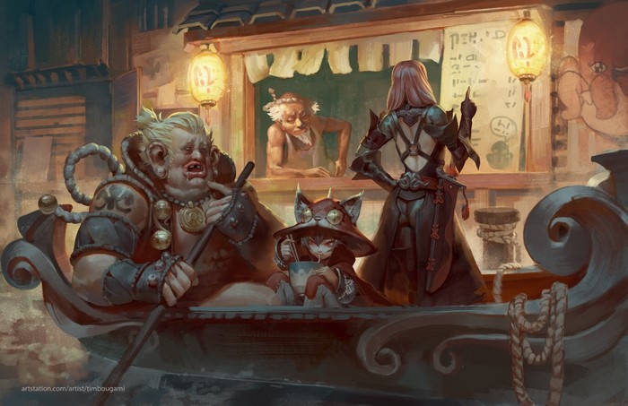 Fantasy characters in a boat at a food stall
