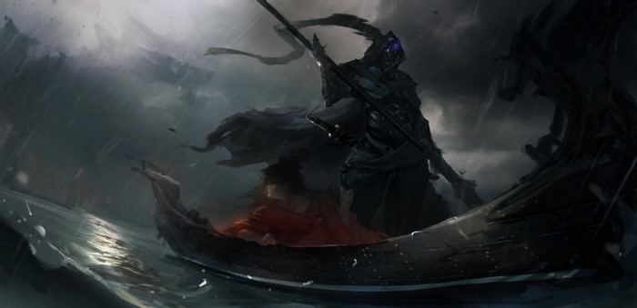 Fantasy warrior in a boat during a storm