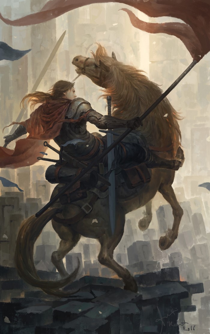 Knight on horseback with a red cape and sword