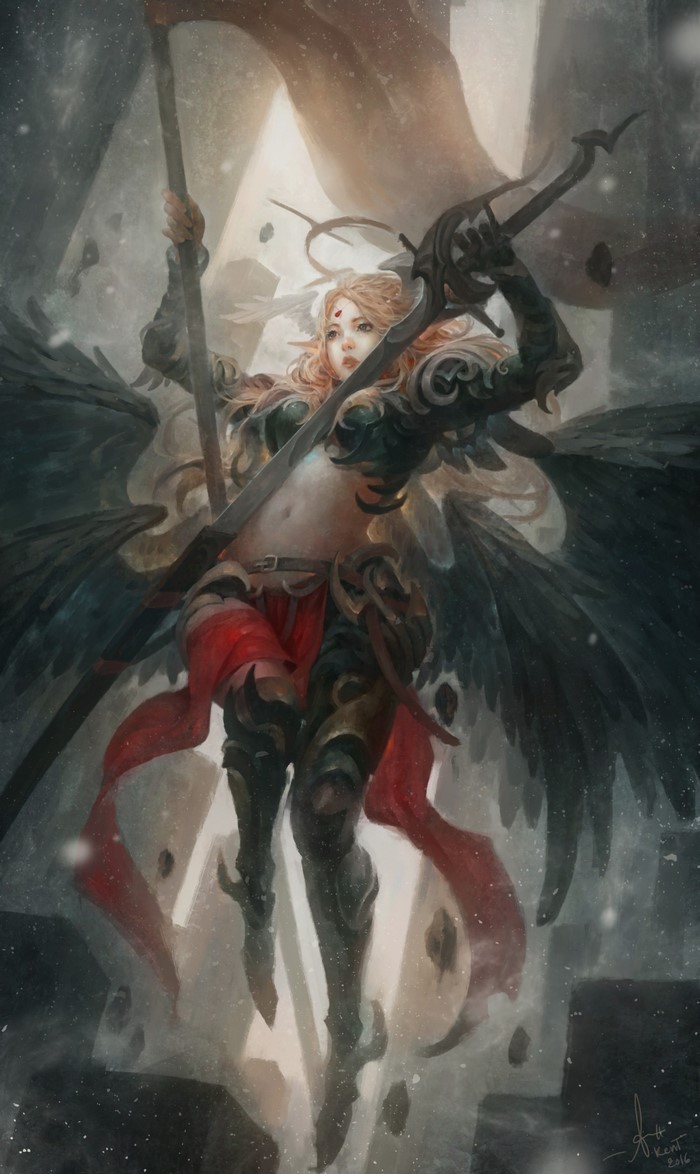 Fantasy angel warrior with sword and wings