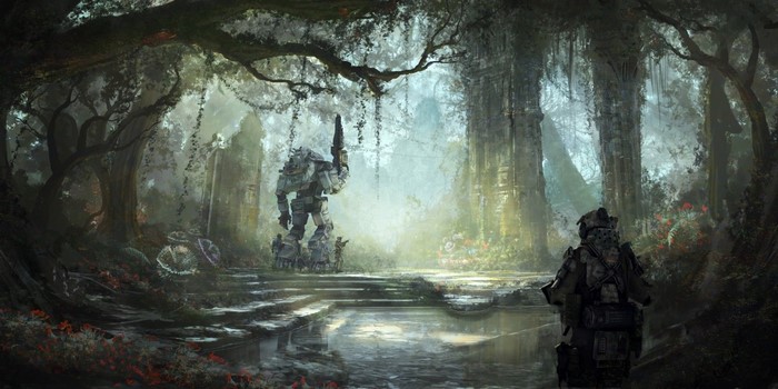 Titanfall concept art of a mech and soldiers in a forest