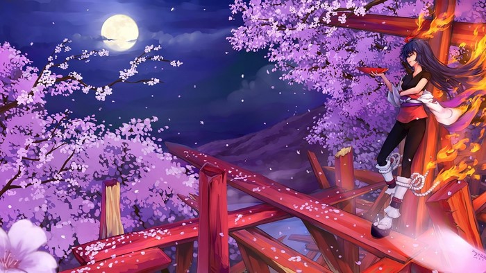 Anime girl with long hair holding a bowl under cherry blossoms at night