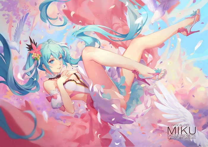 Hatsune Miku from Vocaloid surrounded by flowers and birds