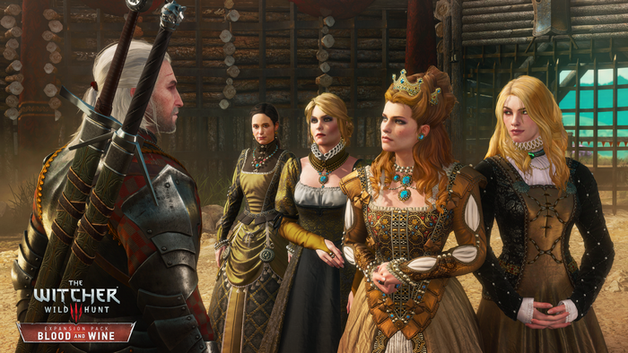 Geralt of Rivia with noblewomen in The Witcher 3: Blood and Wine