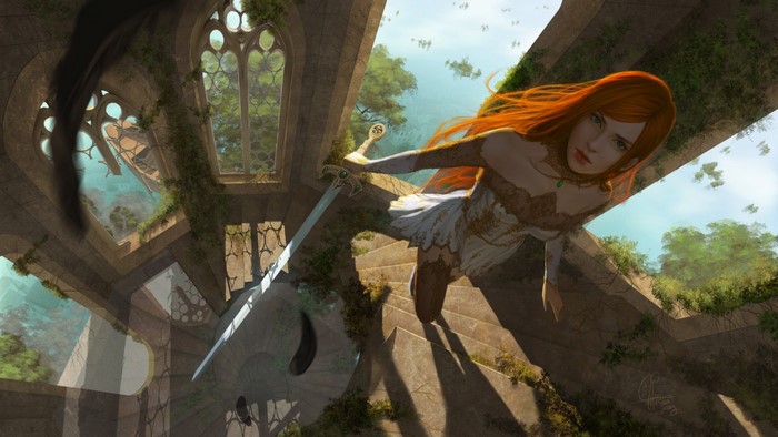 Fantasy warrior woman with sword in ruined castle