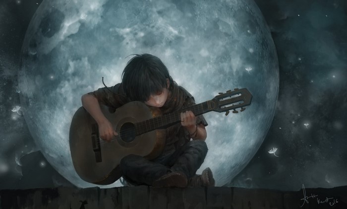 Child playing guitar under a large moon