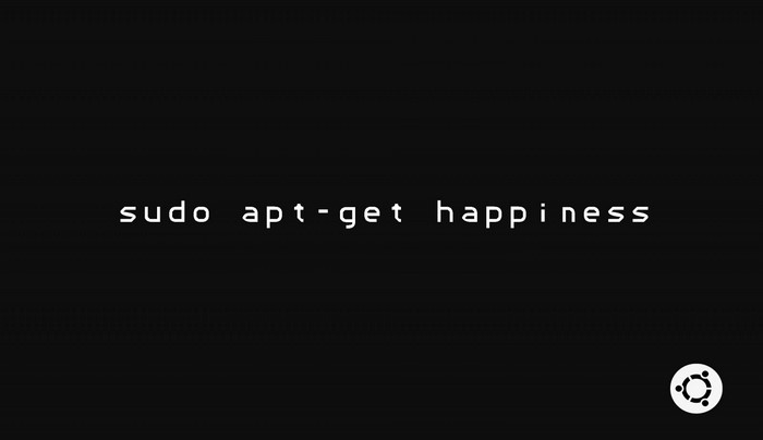 Ubuntu logo and "sudo apt-get happiness" text