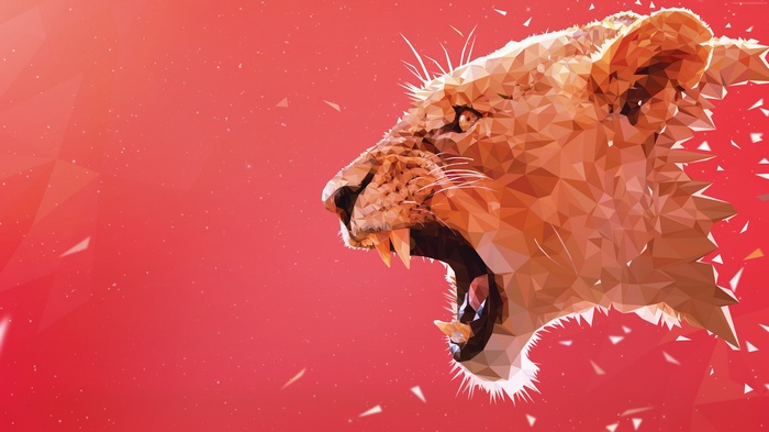 Low poly lion roaring on red background