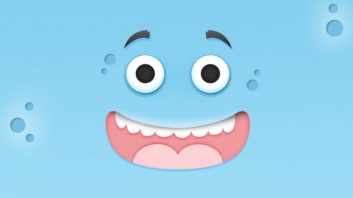 Blue cartoon face with big eyes and wide smile
