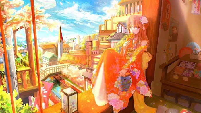 Anime girl in kimono eating lollipop in Japanese town