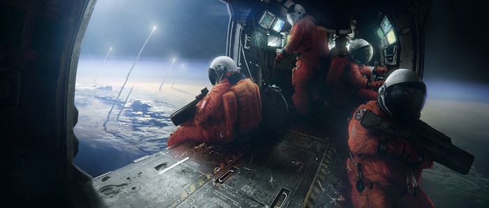Astronauts in a spacecraft observing Earth and missile launches