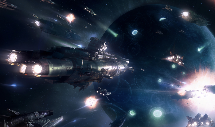 Space battle with large and small ships near a planet