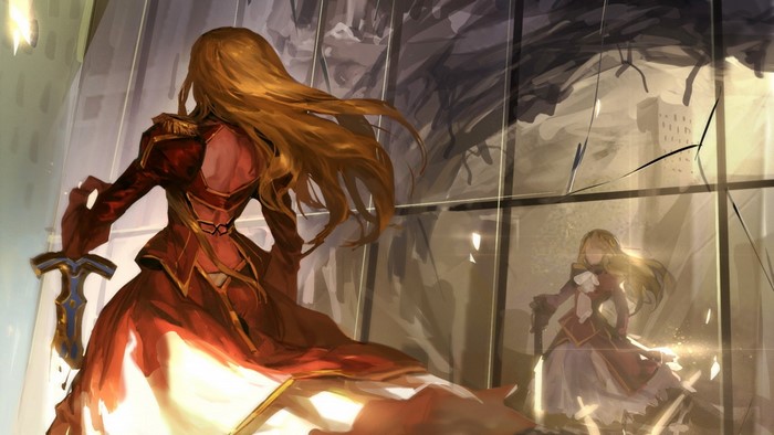 Saber Extra in a broken mirror reflection