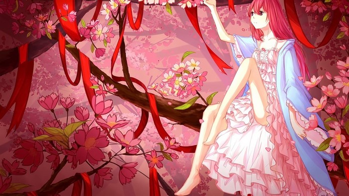 Anime girl with pink hair sitting on a cherry blossom tree branch