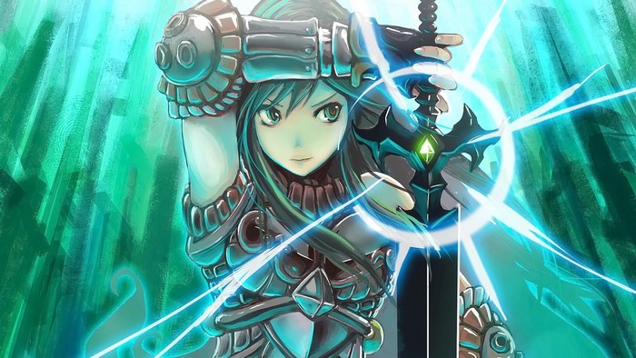 Anime girl in armor holding a glowing sword
