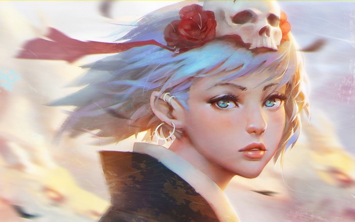 Anime girl with skull headdress and blue eyes