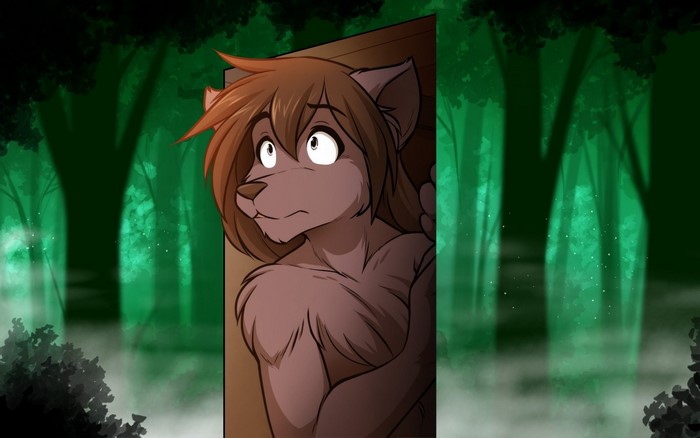 Natani from Twokinds peeking from a doorway in a forest