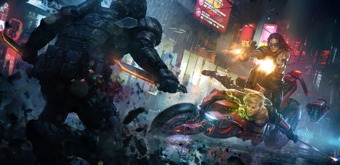 Cyberpunk characters in a rainy city street fight