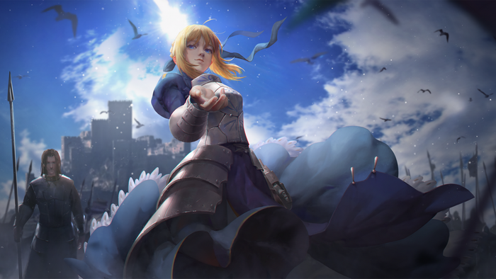 Saber from Fate Series in armor with castle background