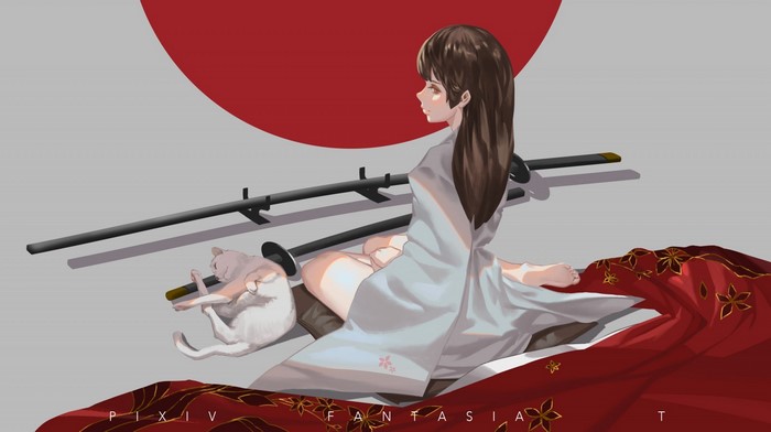 Anime girl with cat and katanas, Pixiv Fantasia