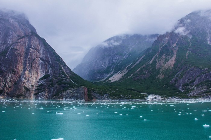 Glacier Bay Alaska with icebergs and mountains