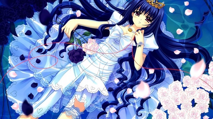 Anime girl in white dress with roses and crown